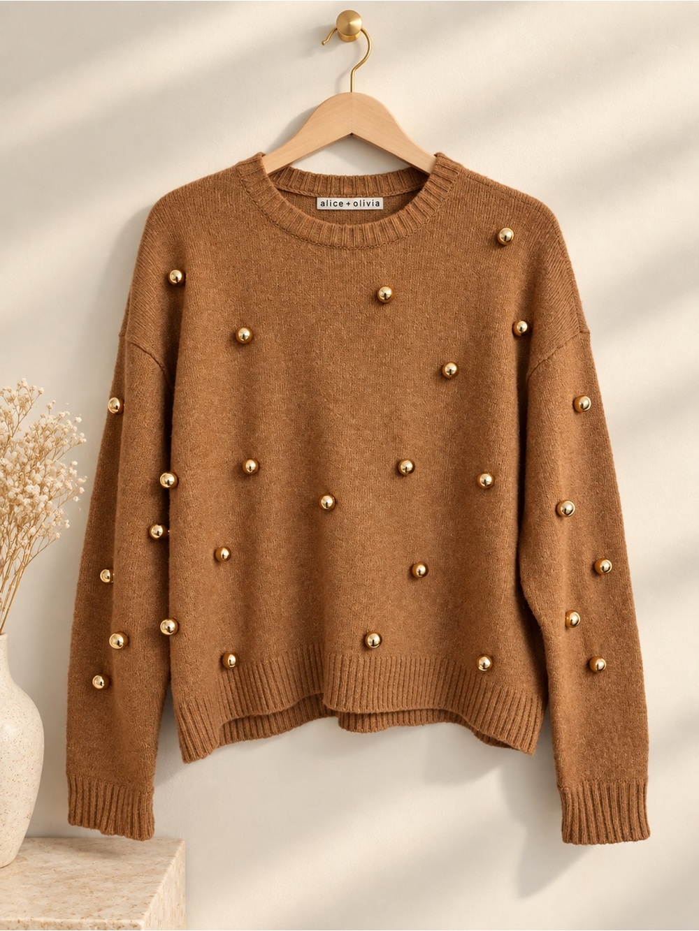 Alice + Olivia Camel Brown Gold Orb Stud Embellished Sweater S/M - Picture 2 of 5